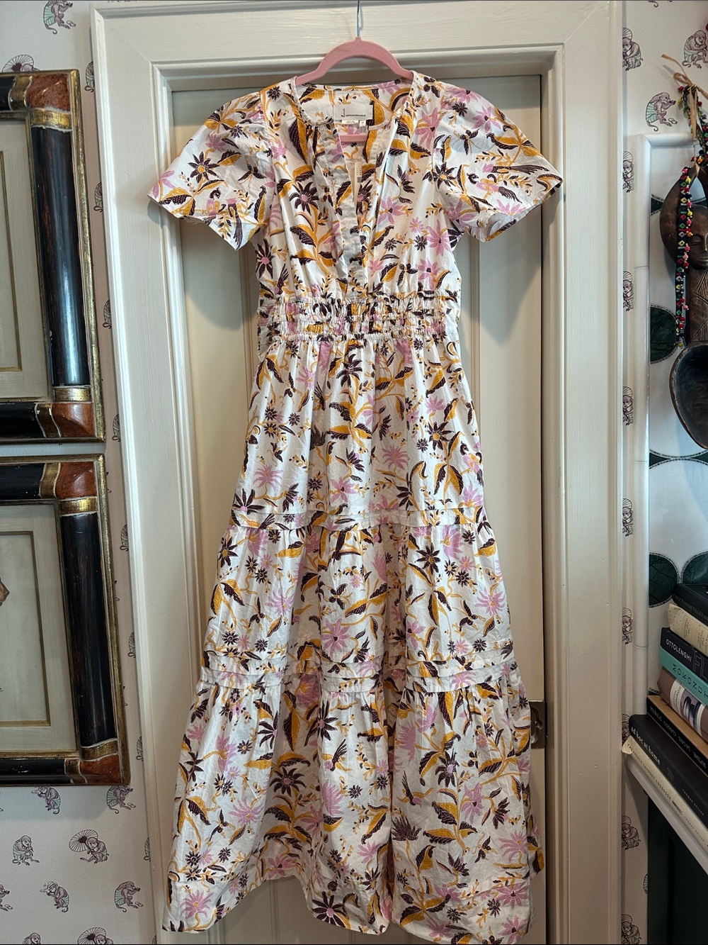 Anthropologie Somerset Floral Tiered Maxi Dress with Pink & Mustard Accents